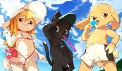 2boys :3 animal_ears bar_censor bikini black_male_swimwear blonde_hair blue_eyes blue_sky cat_boy cat_ears cat_tail censored closed_mouth cloud cowboy_shot cub cupless_bikini day dog_boy dog_ears dog_girl dog_tail female flat_chest food foreskin frontal_wedgie furry furry_female furry_male hat holding holding_food holding_popsicle large_penis licking_food long_hair looking_at_viewer male male_cub male_focus male_swimwear manmosu_marimo micro_bikini mouth_hold multiple_boys navel nipples open_mouth original penis penis_out popsicle red_bikini red_eyes sky small_penis string_bikini sun_hat swim_briefs swim_trunks swimsuit tail thong_bikini uncircumcised visor_cap wedgie white_fur white_hat white_male_swimwear yellow_eyes yellow_fur