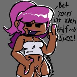 artist_signature cock cocky dark-skinned_female dick dickgirl dress_lift eyelashes female friday_night_funkin friday_night_funkin_(b3_mod) futanari girlfriend_(friday_night_funkin) humiliation intersex middle_finger penis pink_hair pink_lipstick pink_nails ponytail self_upload sharp_teeth shaya_dearest showing_off small_penis_humiliation talking_to_viewer text thighhighs to4ster-0v3n_(artist) trans_woman uncensored vampire veiny_penis
