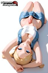 1futa ai_generated balls balls_under_clothes blonde_futa blonde_hair blue_eyes breasts bust chest cleavage clothed cock denim denim_bottomwear denim_clothing denim_jacket denim_jeans denim_shorts denim_vest dick erection fit fit_futa futa_only futanari intersex jeans jeans_only large_balls large_penis large_testicles light_skin looking_at_viewer lying_on_back medium_boobs medium_breasts medium_hair medium_length_hair medium_tits midriff pale_skin penis shapefan simple_background smile smiling solo sora_(shapefan) testicles tight_pants twintails upside-down white_background
