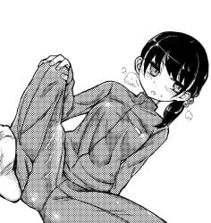 1girls aroused big_penis black_hair blush erection erection_under_clothes female futanari gym_uniform heavy_breathing horny in_heat intersex magifuro medium_hair misa_(magifuro) penis ponytail socks