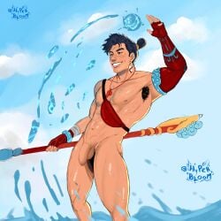 _hyperbloom_ biceps blue_hair brown_eyes flaccid gay male male_only nude nude_male speedo uncut wuyang