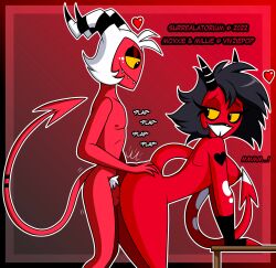 2022 absurd_res black_hair black_lips breasts clothing demon demon_humanoid duo female fingerless_gloves furniture gloves gradient_background hair hand_on_butt handwear heart_symbol heart_tattoo hellaverse helluva_boss hi_res horn horned_humanoid humanoid imp leaning_on_table lips looking_at_another looking_at_partner looking_back looking_back_at_another looking_back_at_partner male male/female millie_(helluva_boss) moxxie_(helluva_boss) multicolored_horn nipples penetration plap pubes pussy red_background red_body red_skin sex sex_position_request sharp_teeth side_boob simple_background small_waist smile spade_tail surrealatorium table tail tailed_humanoid tattoo teeth thick_thighs tooth_gap two_tone_horn vaginal_penetration white_hair white_pubes wide_hips yellow_sclera