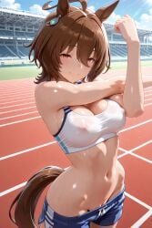 agnes_tachyon_(umamusume) ai_generated arbitrary breasts female horse_ears horse_girl horse_tail medium_breasts nipples_visible_through_clothing pussy pussy_peek sportswear stretching sweating umamusume