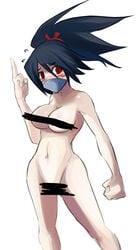 black_hair blush breasts censored cleavage disgaea disgaea_2 embarrassed embarrassed_nude_female enf eu03 female hairband kunoichi kunoichi_(disgaea) ninja nippon_ichi_software nude ouendan_(artist) red_eyes scarf