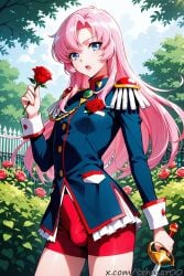 1boy ai_generated aiguillette bangs blue_eyes bulge bush cowboy_shot day epaulettes femboy flower genderswap_(ftm) holding holding_sword holding_weapon jacket long_hair long_sleeves looking_at_viewer male open_mouth outdoors parted_bangs pink_hair red_flower red_rose red_shorts revolutionary_girl_utena rose rule_63 shiny_hair short_shorts shorts solo sword tehmar trans_woman transfem trap tree utena_tenjou weapon