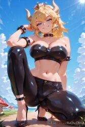 2025 ai_generated anime armlet bare_shoulders black_footwear black_pants blonde_hair blue_eyes blue_sky bowsette bowsette bracelet breasts breasts cleavage cloud collar collarbone crossover crown day demon_horns earrings eye_contact female female female_focus grass grin hair_between_eyes high_heels highres horns huge_breasts jewelry large_breasts long_hair looking_at_viewer mario_(series) midriff mushroom navel nintendo nsfw outdoors pants patreon patreon_username ponytail rognezart sharp_teeth shiny shiny_clothes shiny_skin sky smile smiling solo spiked_armlet spiked_bracelet spiked_collar spikes spread_legs squatting stomach strapless sunlight super_crown teeth tight_pants very_long_hair