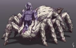 1boy absurd_res arachnid arachnid_humanoid black_sclera full_body grey_body long_hair looking_at_viewer male male_only monster monster_boy penis pointy_ears pubic_hair solo spider spider_boy turtlechan white_eyes white_hair white_pubic_hair