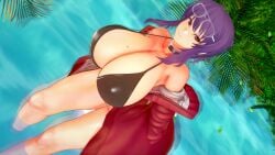 3d beauty_mark bikini black_bikini blushing_female breasts cleavage coldbellsound collar female glasses glasses_on_head jacket jungle koikatsu massive_breasts mole mole_on_breast purple_hair race_queen red_eyes rin_(senran_kagura) senran_kagura smile suzune_(coldbellsound) suzune_(senran_kagura) taihou_(azur_lane)_(cosplay) taihou_(enraptured_companion)_(azur_lane) thick_thighs trees voluptuous voluptuous_female water