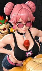 2boys1girl ai ai_generated anthro_on_human balls ballsack belly_button belt black_top bowser breasts crossover dick_between_boobs earrings epic_games female fortnite fortnite:_battle_royale hair_buns haze_(fortnite) horns jeans_shorts looking_at_viewer male males mario_(series) navel nintendo paizuri paizuri_lead_by_female paizuri_under_clothes penis penis_between_breasts pink_belt pink_eyebrows pink_eyes pink_hair pink_sunglasses quinzo11 red_eyebrows red_eyes red_hair roy_koopa self_upload spiked_armband sunglasses top turtle_shell