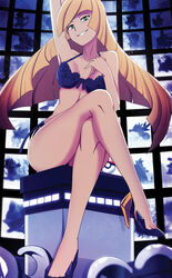 1girls aether_foundation alternate_breast_size alternate_outfit arm_up armpits ass bare_legs bare_shoulders blonde_hair blue_background bra crossed_legs eye_contact feet female game_freak green_eyes grin hair_over_one_eye half-closed_eyes high_heels highres human human_only ice legs_crossed lingerie long_hair long_legs looking_at_viewer lusamine_(pokemon) milf mother nintendo panties pokemon pokemon_sm shoes sitting smile teeth tentacle thick_thighs toe_cleavage toes underwear vivivoovoo wide_hips