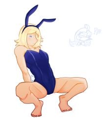 annoyed annoyed_expression blonde_hair blush bunnysuit cookie_run_kingdom embarrassed grumpy looking_at_viewer multicolored_eyes pure_vanilla_cookie shadow_milk_cookie shocked short_hair squatting suggestive tan_skin transition truthless_recluse