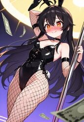 1 ahoge, anime, antenna ass, awkward bangs, bare between big black blushing, breast, choker, cleavage, collarbone, corset, cut dancing, dynamic embarrassed, eyes, falling. fishnet flat fluttering, girl, hair hair, heart high hips, lin_kaimane linkaimane, long masterpiece, mesh money nightclub, orange outfit, pantyhose, playboy pole pole, pose, quality, score_7_up, score_8_up, score_9_up, sensual, sexy, shadows, shoulders, sleeves, small smile, soft solo, suit, very waist,