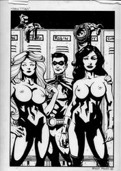 1boy 2girls batman_(series) brent_mekee dc dc_comics donna_troy female koriand&#039;r male monochrome multiple_girls robin_(dc) robin_(tim_drake) starfire straight_hair teen_titans tim_drake wonder_girl wonder_woman_(series)