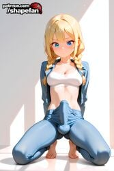 1futa ai_generated balls blonde_futa blonde_hair blue_eyes breasts bust chest cleavage clothed cock denim denim_bottomwear denim_clothing denim_jacket denim_jeans denim_shorts denim_vest dick erection fit fit_futa futa_only futanari intersex jeans jeans_only large_balls large_penis large_testicles light_skin looking_at_penis medium_boobs medium_breasts medium_hair medium_length_hair medium_tits midriff on_knees pale_skin penis penis_under_clothes shapefan simple_background solo sora_(shapefan) testicles tight_pants twintails white_background