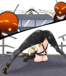 aiming artist_request belly breasts comic_panel different_angle exposed_breasts female hollow_thug jack-o_pose legs meme_reference military_pants revealing_clothes shooting sniper sniper_rifle soyjak_pointing_meme thick_ass thick_thighs topless trigger_(zenless_zone_zero) zenless_zone_zero zipper zipper_pull_tab