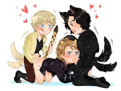 3boys anakin_skywalker anal animal_ears anthrofied artist_name ass blonde_hair blowjob blue_eyes blush bottomless brown_hair chibi cum_in_mouth cum_while_penetrated dark_brown_hair doggy_style fangs father_and_son gay grandfather_and_grandson hand_on_head heart-shaped_pupils hearts holding_tail incest kylo_ren licking_own_lips light_brown_hair luke_skywalker male_only mouth_open no_nose oral pants_open penis_out prosthetic_arm scar_across_eye spitroast star_wars sweat sweatdrop tail threesome time_paradox tongue_out trembling trio wagging_tail