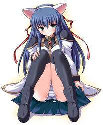 animal_ears black_legwear black_thighhighs blue_hair blue_panties boots broccoli cat_ears chitose_karsarutobi_asumaru cum cum_on_body cum_on_lower_body dress fake_animal_ear galaxy_angel jpeg_artifacts karsarutobi_asuma_chitose panchira panchira_(sitting) panties pantyshot pantyshot_(sitting) pantyshot_sitting ribbon sitting solo striped striped_panties thighhighs underwear