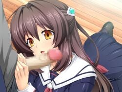 1boy blue_shirt blue_skirt bow brown_eyes brown_hair censored dress female game_cg grey_shirt hair_between_eyes hair_intakes hair_ornament imminent_fellatio inoino katsuragi_marina kneeling kouyoku_senki_exs-tia large_variant_set long_hair long_sleeves looking_at_penis male miniskirt mosaic_censoring neckerchief non-web_source official_art open_mouth penis penis_awe pleated_skirt red_bow red_neckerchief sailor_collar sailor_dress school_uniform serafuku shirt skirt solo_focus straight variant_set very_long_hair white_sailor_collar wooden_floor yellow_eyes