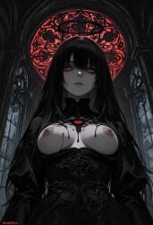 ai_generated black_hair breasts breasts_out darkeffect demonic demonic_eyes female female_focus female_only goth goth_girl gothic nipples pale pale-skinned_female partially_clothed red_eyes