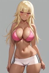 1girl ai-created ai_generated bangs bare_arms bare_shoulders bikini bikini_shorts bikini_top bikini_top_only blonde_hair blunt_bangs blush boyshorts bra breasts cameltoe clavicle cleavage closed_mouth clothing dark-skinned_female dark_skin eyebrows female female_only gokukoku_no_brynhildr high_resolution large_breasts long_hair looking_at_viewer midriff navel pink_bikini pink_swimsuit portrait red_eyes rena_aikawa_(pixiv_user) shiny shiny_skin short_shorts shorts sidelocks skindentation smile solo standing stomach striptease swimsuit tachibana_mina_(gokukoku_no_brynhildr) tanned thigh_gap thighs underwear white_shorts