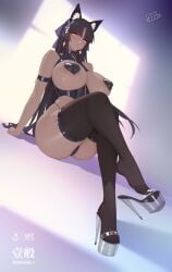 absurdres animal_ears areola_slip arm_support ass bare_shoulders black_hair black_pasties black_shirt black_thighhighs breastless_clothes breasts brown_eyes butterfly_hair_ornament commentary_request covered_erect_nipples crop_top cropped_shirt crossed_legs dangling_shoe dark-skinned_female dark_skin female full_body hair_ornament heart_pasties high-waist_panties high_heels highres huge_breasts large_variant_set long_hair looking_at_viewer mole mole_under_eye original pasties platform_heels platform_mules platform_sandals rekaerb_maerd sandals see-through_clothes see-through_footwear shirt shoe_dangle sitting skindentation sleeveless sleeveless_shirt solo thick_thighs thighhighs thighs variant_set