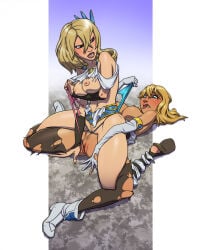 2girls blonde_hair blush breasts catfight character_request female female_only fighting gao23 nipples pussy pussy_wedgie soul_calibur torn_clothes wedgie