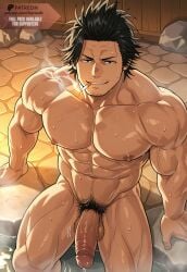above_view ai_assisted ai_generated bara big_muscles black_clover black_hair cigarette cigarette_in_mouth cock completely_nude dick gay glans hairy_balls lorian_ai motion_lines muscles muscular muscular_male musk nipples nude onsen patreon patreon_username penis pubic_hair smell smoking solo solo_male sweatdrop veiny_penis water yami_sukehiro yaoi
