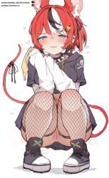 animal_ears ass bangs black_footwear black_hair black_skirt blue_eyes blush boots cat_tail female fishnet_legwear fishnets hair_ornament heart heart-shaped_pupils hololive jacket jewelry long_sleeves looking_at_viewer multicolored_hair open_mouth pantyhose piercing red_hair ribbon shirt shoes skirt smile solo squatting symbol-shaped_pupils tail thighhighs white_shirt