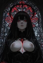 ai_generated black_hair breasts breasts_out darkeffect demonic demonic_eyes female female_focus female_only goth goth_girl gothic nipples pale pale-skinned_female partially_clothed red_eyes