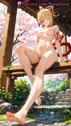 1girls 2025 ai_generated arm_tattoo bangs barefoot blonde_hair blush breasts cherry_blossoms chest_tattoo choker completely_nude feet genshin_impact hair_ornament hi_res highres hoyoverse large_breasts legs lipstick looking_at_viewer makeup mihoyo mihoyo_technology_(shanghai)_co._ltd. natsuyoru navel nipples nude one_eye_closed outdoors patreon ponytail purple_eyes pussy rope sitting smile soles solo tattoo thighs toes vagina voluptuous voluptuous_female yoimiya_(genshin_impact)