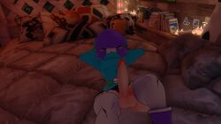 1boy 3d balls blue_clothing femboy green_clothing hair_covering_eyes penis purple_hair shy_gal shygal_(cryptiacurves) solo solo_focus suggestive_pose vrchat white_male