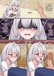 1boy 1girls bare_penis before_blowjob before_oral big_penis blush blushing comic comic_page english_text exposed_penis female grey_hair hi_res highres male nijisanji nijisanji_en penis penis_awe purple_eyes reimu_endou servicing_from_below speech speech_bubble surprised surprised_expression text thought_bubble uncensored virtual_youtuber xanadu_avici xanaduavici