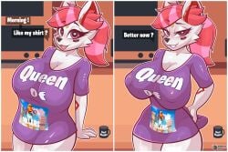 1girls 2025 3:2 :3 anthro areola_visible_through_clothing beautiful big_breasts biped bottomless bottomless_female breasts canid canine clothed clothing coffee_cup conditional_dnp container countershading cup curvy_figure cute_fangs digital_media_(artwork) ears ears_up epic_games eyelashes eyeliner fangs female female_anthro fluffy fortnite fox fox_girl fur furry grin hair heart_eyes heart_symbol hi_res kimiko_(fortnite) kimiko_five-tails kimiko_five_tails kitchen looking_at_viewer makeup mammal markings meme morning multicolored_ears naked naked_female narrowed_eyes nude nude_female open_mouth open_smile purple_clothing purple_shirt red_eyes red_hair seductive shirt shirt_only signature simple_background smile solo tail talking_to_viewer teeth text text_on_clothing text_on_shirt text_on_topwear thick_eyelashes thick_thighs thin_eyebrows topwear topwear_only vixen white_body white_fur wide_hips zerlix_fox