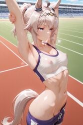 ai_generated arbitrary breasts expressionless female horse_ears horse_girl horse_tail oguri_cap_(umamusume) pussy pussy_peek small_breasts sportswear stretching sweating umamusume