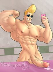 1boy abs bara biceps big_biceps blonde_hair bodybuilder cartoon_network cellphone cum_drip erect_nipples erection exhibitionism flex flexing gay headingsouth holding_object holding_phone johnny_bravo johnny_bravo_(series) large_balls large_penis male male_only muscles muscular_male navel nude on_table pecs penis presenting_penis proud_of_his_cock selfie serratus_anterior six_pack smug solo sunglasses veiny_penis watermark