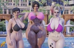 3d_(artwork) 3girls ass big_ass big_breasts black_hair blazeart blonde blonde_hair blue_eyes breasts brunette catwoman diana_prince green_eyes harleen_quinzel harley_quinn injustice_2 lipstick long_hair outdoors pantless pigtails pool selina_kyle short_hair tattoos vagina warner_brothers wonder_woman