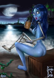 aphius artist_name ass blue_hair corpse_bride emily_(corpse_bride) full_moon holding_lotion lipstick long_blue_hair long_hair looking_back_at_viewer lotion lotion_bottle moon pink_lipstick tim_burton warner_brothers zombie zombie_girl