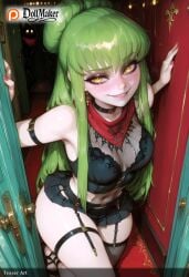 ai_generated aqua_nails bangs black_nails blush bra breasts cleavage dollmaker dollmaker_(artist) double_bun earrings eyebrows_visible_through_hair female fingernails garter_straps green_hair green_nails jewelry long_hair looking_at_viewer medium_breasts nail_art nail_polish navel patreon_logo patreon_username pink_nails purple_nails red_nails see-through shorts sitting smile solo tagme thighhighs toenail_polish very_long_hair watermark yellow_eyes