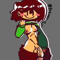 1futa balls blank_expression blush breasts chara_(undertale) cock dick dickgirl futa_only futanari lifting_shirt lowering_pants pierced_belly_button red_hair self_upload slim_waist tan_skin to4ster-0v3n_(artist) undertale watermark