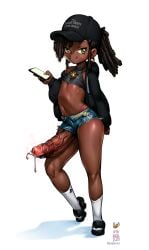 ai_generated baseball_cap booty_shorts dark-skinned_male dark_skin foreskin huge_cock jean_shorts leaking_precum male musk payaazz penis slippers solo_male trap uncircumcised