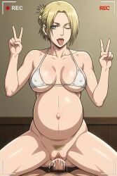 ai_generated annie_leonhardt attack_on_titan big_breasts blonde_hair bra camera cowgirl_position cum cum_in_pussy hairy_pussy peace_sign pinku.ai pregnant pregnant_belly pregnant_sex riding shingeki_no_kyojin tongue_out white_bra winking_at_viewer