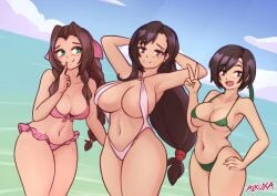 3girls aerith_gainsborough aikuxa arms_behind_head big_breasts bikini bikini_bottom bikini_top black_eyes black_hair blush bottomwear braid braided_hair breasts brown_eyes brown_hair cleavage ear_piercing earrings female female_only final_fantasy final_fantasy_vii green_bikini green_eyes hair hair_ornament hand_behind_back hand_on_hip hips huge_breasts long_hair medium_breasts micro_bikini peace_sign pink_bikini short_hair skimpy skimpy_bikini slingshot_swimsuit smile square_enix swimwear tifa_lockhart topwear white_slingshot_swimsuit yuffie_kisaragi