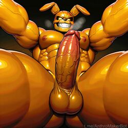 ai_generated bara face_in_crotch five_nights_at_freddy's from_below huge_cock male muscular muscular_male penis spring_bonnie spring_bonnie_(fnaf) springtrap springtrap_(fnaf) yaoi