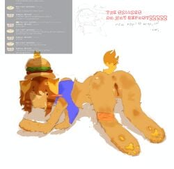 007n7_(forsaken) ass_up bent_over blue_shirt brown_hair burger do_not_repost dog_ears dog_tail face_down_ass_up female female_to_male forsaken_(roblox) freckles ftm_headcanon idk_what_to_tag_it leg_band male no_background one_person paws pussy robloxian tail