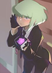 1boy androgynous blush condom embarrassed femboy fully_clothed lio_fotia looking_at_viewer male_only pov promare solo suit twink
