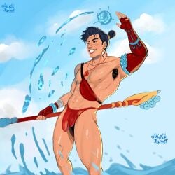 biceps big_penis blue_hair brown_eyes flaccid gay male male_only overwatch overwatch_2 speedo uncut water wuyang