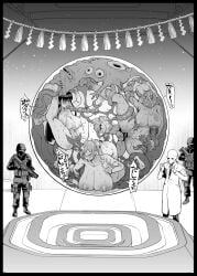 3boys 3girls anal anal_only artificial_vagina black_hair breasts completely_nude cum dark-skinned_female dark_skin fan_no_hitori greyscale gun highres holding holding_gun holding_weapon huge_breasts jk_taimabu large_breasts long_hair monochrome multiple_boys multiple_girls nipple_stimulation nipples nude nun oral orb rope scientist sex sex_from_behind sex_toy shimenawa side_ponytail soldier sweat tan tentacle tentacle_in_mouth tentacle_sex tongue tongue_out weapon