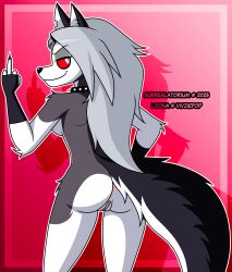 2023 absurd_res anthro anus ass breasts canid canid_demon canine clothing collar demon ear_piercing female fingerless_gloves fur genitals gesture gloves gradient_background grey_body grey_fur grey_hair hair hand_gesture handwear hellaverse hellhound helluva_boss hi_res long_hair looking_at_viewer looking_back looking_back_at_viewer loona_(helluva_boss) mammal middle_finger mythological_canine mythological_creature mythology notched_ear nude piercing pink_background portrait pussy red_sclera shadow side_boob simple_background smile smiling_at_viewer smirk smirking_at_viewer solo spiked_collar spikes surrealatorium tail three-quarter_portrait vulva white_body white_eyes white_fur