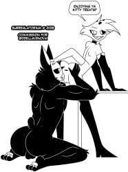 2023 3_toes abraham_wayne absurd_res angel_dust angel_dust_(hazbin_hotel) anthro anus arachnid armwear arthropod ass balls black_and_white boots choker clothing demon dialogue domestic_cat duo elbow_gloves english_text feet felid feline felis footwear genitals gloves hand_on_butt hand_on_head handwear hazbin_hotel hellaverse hi_res imminent_oral imminent_rimming jewelry kneeling leaning leaning_forward leaning_on_table legwear looking_at_another looking_at_partner looking_back looking_back_at_another looking_back_at_partner male male/male mammal mask monochrome muscular muscular_male necklace nude pawpads sharp_teeth shoes sinner_demon small_tail speech_bubble spider spider_demon spread_anus spread_butt spread_legs spreading surrealatorium tail teeth text thigh_boots thigh_highs toes