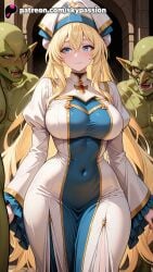 1girls 2025 2boys 3boys ai_assisted ai_generated anime artist_name bald big_breasts big_chest blonde_hair blue_eyes blush breast breasts bust busty chest colored_skin covered_navel dress explicit eyebrows_visible_through_hair female goblin goblin_male goblin_slayer green-skinned_male green_skin hat hi_res high_quality high_resolution highres human human_female interspecies large_breasts light-skinned_female light_skin long_hair long_sleeves looking_at_viewer male monster multiple_boys open_mouth patreon patreon_username pointy_ears priestess_(goblin_slayer) sharp_teeth skypassion smile stable_diffusion tusks very_long_hair watermark white_dress white_headwear